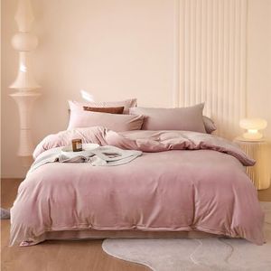 Luxlovery Pink Velvet Comforter Set King Dusty Pink Flannel Plush Bedding Comforter Set Winter Thick Warm Solid Haze Pink Quilts Blanket Soft Heavyweight Comforter Set for King Bed