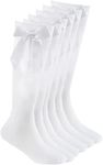 COSHAL® 3 Pairs Girls Knee High School Cotton Socks with Fluffy Ribbons Bow Back to School Socks Uniform Party Comfort Fit Socks Stocking Girls Knee High Kids School Socks Size (4-6) White