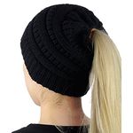 Boolavard BeanieTail Soft Stretch Cable Knit Messy High Bun Ponytail Beanie Hat (Black)