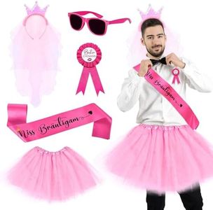 Herefun Disfraz Despedida de Soltero Hombre, Disfraz de JGA para Hombre, JGA Disfraz Hombres Decoración Accesorios con Decoración de Boda, Tutú, Gafas, Corona, Hombre Insignia, Correa (Pink)
