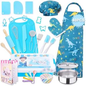 Rainbowfun 42 Pieces Kids Real Cooking Set,Kids Knife Baking Set,Cookware,Kids Play Pots and Pans,Mini Stainless Steel Pretend Toys,Apron Chef Hat for Boys,Sensory Toys