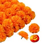 DH EYB 50Pcs Marigold Flower Heads, Silk Artificial Marigolds for Diwali Decor, Indian Weddings, Halloween, Day of The Dead, Mexican Party, DIY Wreath Garland, Home Decor(Orange)