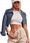 Grabsa Women's Cropped Jacket Button Down Long Sleeve Denim Jean Jacket Pockets, Purplish Blue Navy, Medium
