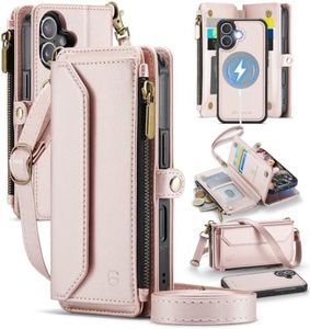 Strapurs for iPhone 17 Detachable Wallet Case Compatible with Magsafe for Women, RFID Blocking 9-Card Holder Zipper Wrist Strap Lanyard PU Leather Magnetic Phone Case for iPhone 17 6.3", Rose Gold