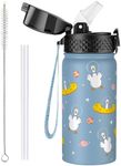 OLDLEY 420ml/14oz Kids Stainless Steel Insulated Water Bottle with Straw for School Reusable Metal Vacuum Small Flask Leakproof Keep Drinks Hot Cold for Boys Girls Toddlers Children (Duck, 420ml)