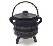 New Age Imports, Inc. Cast Iron Cauldron w/handle & lid, ideal for smudging, incense burning, ritual purpose, decoration, halloween decoration, candle holder, etc. (Ribbed Style 4" High, 2.25" Dia)