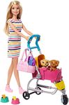 Barbie Dogwalking Doll & Accessories, Stroll & Play Pups Playset with Transforming Stroller, 2 Pets & Handbag, Blonde Doll