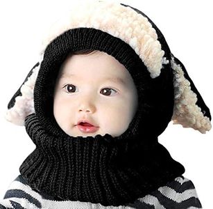 Bienvenu Winter Kids Cable Knit Warm Dog Animal Hats Knitted Hooded Scarf Beanies for Autumn Winter, Black