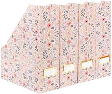 BLU MONACO | Cardboard Magazine File Holder Set of 4 | Standing File Holder with Floral Boho Design | Foldable Cardboard Bins for Shelves Desk Office Storage