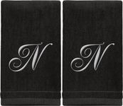 Monogrammed Towels Fingertip, Personalized Gift, 11 x 18 Inches - Set of 2 White Embroidered Towel - Extra Absorbent 100% Cotton - Soft Velour Finish - For Bathroom/ Kitchen/ Spa - Initial N (Black)