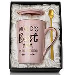 Birthday Gifts for Mom from Daughter Son - World's Best Mom - Funny Mom Mug Printed with Gold, Christmas Presents for Mom, 14OZ Pink Marble Ceramic Coffee Cup with Lid Spoon Card, Nicely Gift-Boxed