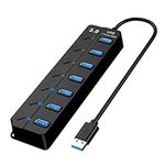 USB HUB, 7-Port USB 3.0 Hub with Individual Switches & Lights, Multiple Port USB Adapter Extension Data Hub, Portable USB Splitter with 1FT Extended Cable for PC, Laptop, MAC, Flash Drives, Printer