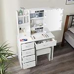 Vanity Desk with Mirror and Lights, White Vanity Set with Stool and Sliding Mirror, Dressing Table Makeup Vanity with Drawers and 3 Lighting Modes for Women, Girls (HJ07)