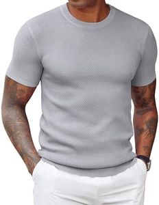 COOFANDY Mens Dress T Shirts Short Sleeve Knit Sweater Casual Summer Shirt Crewneck Tshirts Light Grey