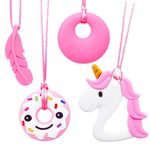 QINREN 4 Pcs Sensory Chew Necklaces, Food Grade Silicone Chewing Toys Set, Oral Motor Chewy Necklaces with Wearable Rope for Kids Boys Girls Teething, Anxiety, Biting Needs (Pink + White)