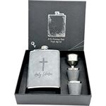 Holy Water Flask Gift With 2 Cups. 8 Oz Hip Funny Flask, Stainless Steel & Stamped Leather Wrapped Style With Gift Box. ChristmasGift For Men, Dad, brother or Groom. (Holy Water)