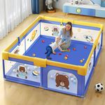 MUMMAMIA Playpen/ Playard for kids upto 5yrs, Portable Baby/ Toddler Activity Centre with Door, Indoor Play Area Includes Few Ocean Balls, Anti-Fall Grasp Rings & Safety Lock (Non-Foldable, No Mat) WITH THICKENED STEEL PIPES (PRINTED BLUE)