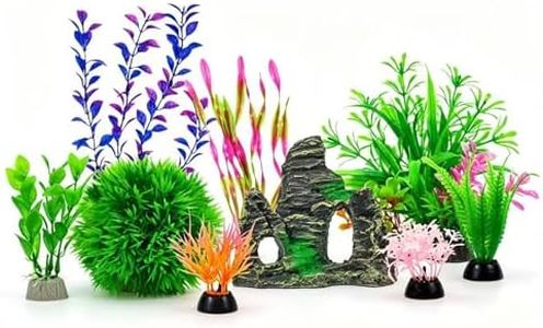 shwmygengin Aquarium Decorations Set with Artificial Plastic Plants & Mountain Cave Ornament, Fish Tank Decor for Freshwater & Saltwater Aquariums, Safe & Non-Toxic