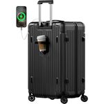 Krute Luggage PC+ABS Hardside Suitcase with USB Port Cup Holder TSA Lock Spinner Wheels Checked Luggage 28 Inch (Black)