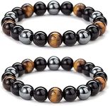 WFJ Black Obsidian Hematite Triple Protection Bracelet Tiger Eye Beads Bracelets for Men and women（10MM）, Set of 2 black,gray 19cm