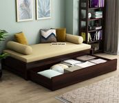 wood affair Wooden Single Size Bed with Mattress for Living Room, Drawing Room, & Bedroom, Space Saving Wooden Cot/Palang/Diwan with Trundle Drawer Storage, Walnut Finish, Mattress Size: 68x31x4 Inch