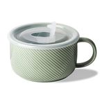 Adewnest Oversized Soup Bowl with Handle: 38 Ounce Ceramic Ramen Bowl with Lid - Microwave Safe Jumbo Soup Mug with Handle - Extra Large Soup Cup - Green, 6 Inch