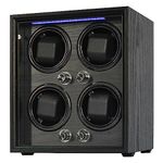 Oryx 4 Watch Winder for Automatic Watches, Wooden Rotating Watch Case 5 Rotation Modes Setting Display Box with LED Light, USB Powered Super Quiet Mabuchi Motor, 4 Watch Storages Black Wood Grain