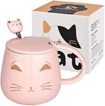 Pink Cat Mug Cute Ceramic Coffee Cup with Kawaii Lid and Lovely Stainless Steel Spoon Novelty Morning Cup Coffee Milk Tea Mugs - 3D Animal Cat Mugs for Cat Lovers Women Gifts(Pink)