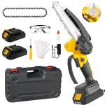6-Inch Mini Chainsaw,Cordless Chainsaw,Light Weight Battery-Powered,with 2 Chains and Two high-Capacity Batteries,with Safety Lock and Brushless Motor for Pruning Trees and Cutting Wood