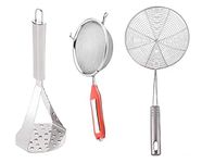 First Front Stainless Steel Kitchen Combo Set of Potato Vegetables Pav Bhaji Masher, Soup Strainer & Deep Fry Oil Strainer Jhara