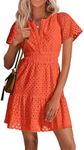 PRETTYGARDEN Womens 2025 Summer Short Dress V Neck Short Sleeve A Line Hollow Out Lace Ruffle Cute Casual Beach Party Dresses (Orange,Large)