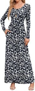 DEARCASE Maxi Dress for Women Floral Navy Blue Entwined Flower Small Round Neck Boho Long Sleeves A-line Casual Hawaiian Empire Waist Flowy Party Vintage Spring Fall Winter Dresses with Pocket