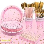 Pink and Gold Party Supplies 193pcs/Serves 24 Pink and Gold Birthday Dinnerware Set- Pink and Gold Birthday Plates Cups Tablecloth etc Pink Themed Party Decorations