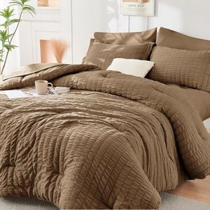 HYMOKEGE Brown Oversized King Comforter Set Seersucker 7 Pieces, All Season Luxury Bed in a Bag for Bedroom, Bedding Set with Comforter, Sheets, Pillowcases & Shams