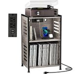 Y&M Record Player Stand, Vinyl Turntable Stand with Charging Station and USB Port, Record Display Table with Storage Cabinet, Turntable Holder, End Table, Nightstand for Bedroom, Living Room, Gray