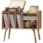 Lerliuo Record Player Stand with 4 Cabinet Holds Up to 220 Albums, Large Turntable Stand with Beech Wood Legs, Mid-Century Record Player Table,Oak Vinyl Holder Storage Shelf for Bedroom Living Room