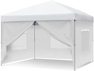 DWVO 10'x10' Pop Up Canopy Tent with 4 Removable Sidewalls, Easy Set-Up Outdoor Canopy with 3 Mesh Windows, 4 Ropes, 8 Stakes and 1 Carry Bag for Patio, Party, Exhibition, Commerce (White)