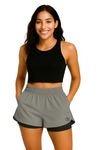 HOUSE OF FUSION Sports Shorts for Women Running Gym Workout – Dry Fit Quick Dry Double Layer Inner Compression with Pockets | Breathable Lightweight Athletic Wear (in, Alpha, 2XL, Grey Black)