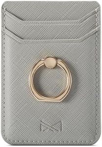 DMaos Card Holder Sleeve with Ring, RFID Credit Wallet PU Leather Stick On Back Grip for iPhone Samsung Smartphone - Silver