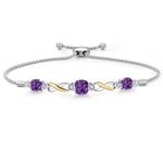 Gem Stone King 925 Silver and 10K Yellow Gold Purple Amethyst and White Lab Grown Diamond Bracelet For Women | 2.14 Cttw | Gemstone Birthstone | Cushion 6MM and 5MM | Fully Adjustable 9 Inch, Metal