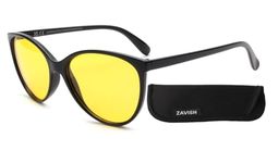 ZAVISH Womens Anti Glare Night Driving Glasses Polarised TAC Lenses Ladies Yellow Tinted Night Vision UV400 Cat Eye Sunglasses Lens Gloss Black Comfortable Frame & Case