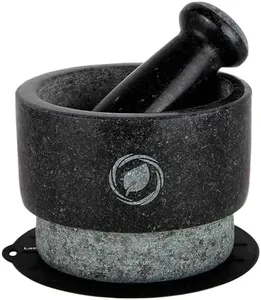 Laevo Mortar and Pestle Large Set - Black Granite Stone Spice Grinder, 2.1 Cup Capacity, 5.5 Inches - Reversible Molcajete Mexicano - Guacamole, Spices - Large Mortar and Pestles Set