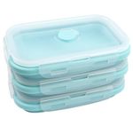 OITUGG Collapsible Food Containers Set of 3 pcs - 500ml Collapsible Lunch Box - Silicone Fresh Fold Food Containers Leakproof, Designed 4 Snap-on Buckles, BPA Free, Easy Clean, Microwaveable Blue