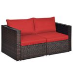 Tangkula Wicker Loveseat 2 Piece, Patio Furniture Couch with Removable Cushions, Rattan Loveseat Sofa for Balcony, Deck, Garden and Poolside