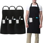 umboom 3 Pack Black Chef Apron, Kitchen Apron for Men Women, Adjustable Bib Apron with 3 Pockets, Professional Work Apron for Catering Cooking Restaurant Server Hairstylist (Cotton Polyester)