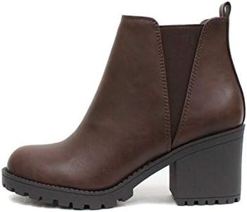 Soda ORIGAMI ~ WOMEN LUG SOLE MID HEEL FASHION ANKLE BOOTIE W/DOUBLE ELASTIC GORE, Brown, 10