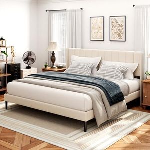 Sismplly King Size Bed Frame and Headboard,Vertical Channel Tufted Wingback No Box Spring Needed, Mattress Foundation, Easy Assembly Beige