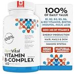 Plantvital Vegan Vitamin B Complex w Biotin, Niacin, Folate! Supports Immune & Liver Function. 100% of B1, B2, B3, B5, B-6, B-12! 2 MONTH SUPPLY. Supports Energy Production, Hair, Nails & Skin.