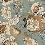 ReWallpaper 17.5in×39ft Gold Peel and Stick Wallpaper Vintage Floral Wallpaper Gold Birds Floral Removable Wallpaper Stickers for Walls Bedroom Living Room Decor Self Adhesive Teal Vinyl Contact Paper