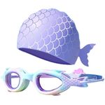 Kids Swimming Goggles and Cap Set Mermaid Swim Goggles Anti Fog No Leak Pool Goggles Silicone Swimming Hat Adjustable Sea Swimming Goggles for Kids Boys Girl Age 3-12 (Purple)
